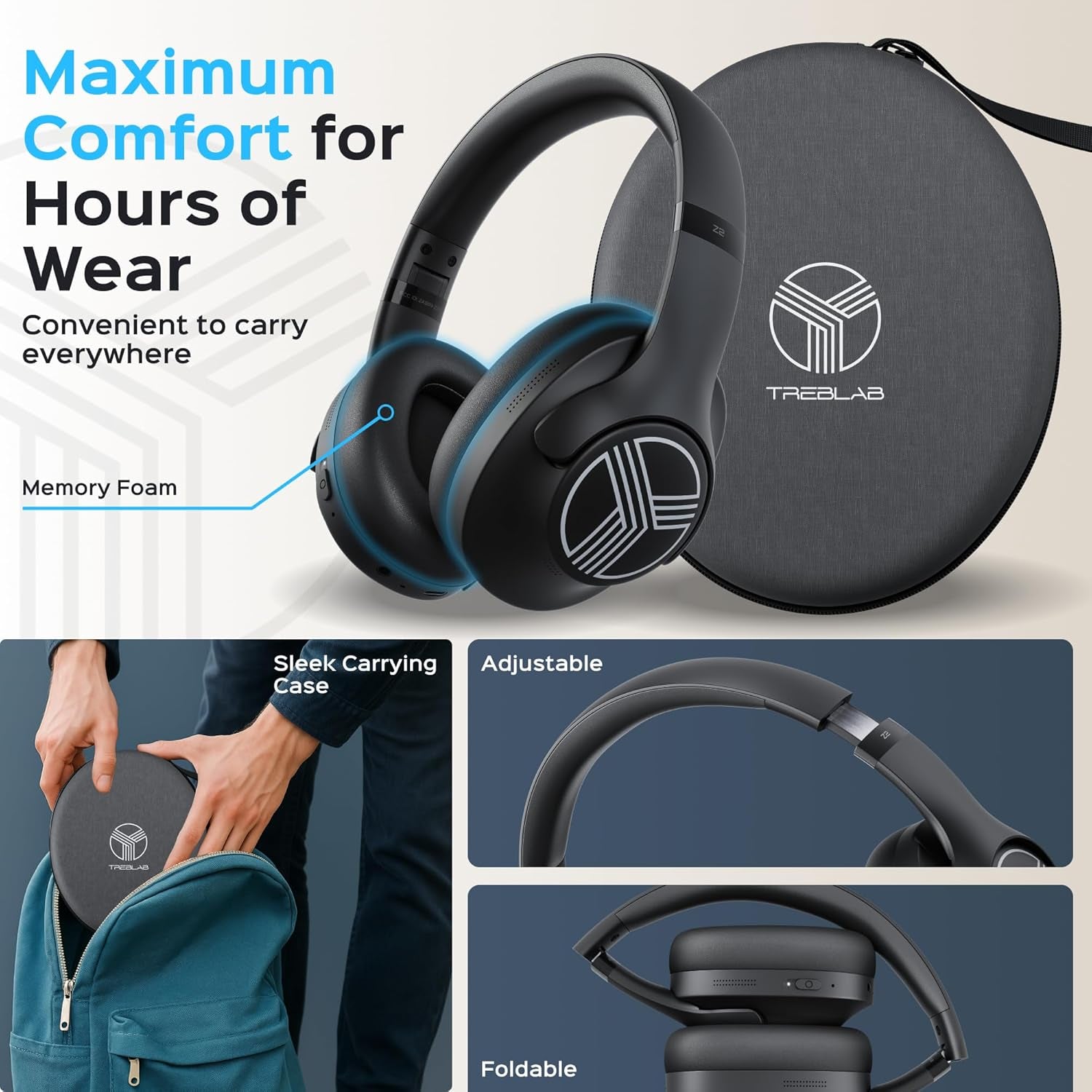 Z2-B Hybrid Active Noise Cancelling Workout Headphones - Signature-Hd Sound, Deep Bass, 58H Battery, Comfortable, Foldable over Ear Bluetooth Headphones Wireless W/Mic for Calls for Gym, Sport