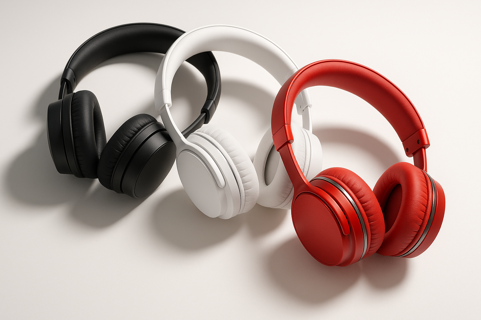 black headphones,white headphones and red headphones