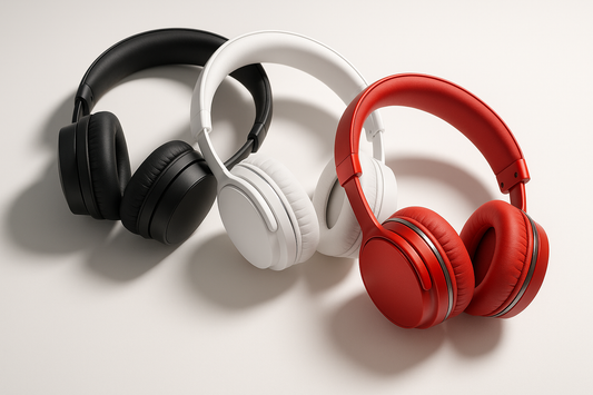 black headphones,white headphones and red headphones